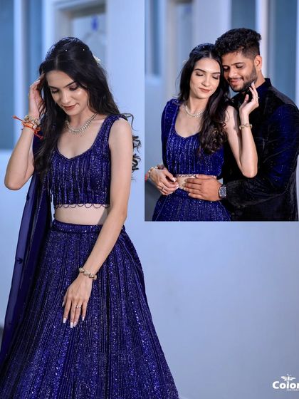 A collage showing off the bride's stunning sequined lehenga and a romantic moment with her partner.
