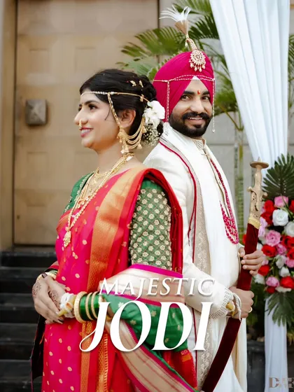 "Majestic Jodi." A regal portrait of the couple, showcasing the grandeur of their combined Punjabi and Maharashtrian wedding attire.