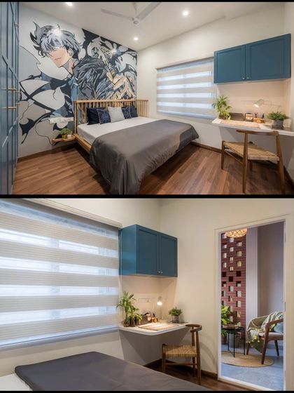 A collage showing the anime-themed bedroom, which includes a compact study desk and a balcony with a jali screen, connecting the personal space to the outdoors.