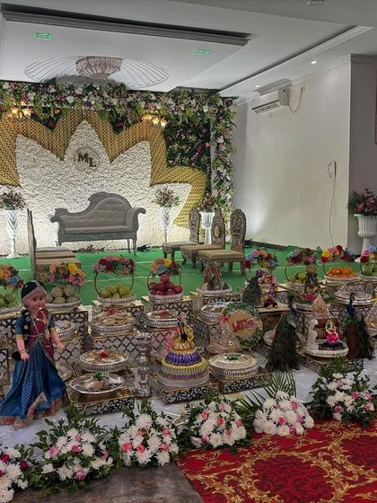 A wide angle of the lotus stage and offering table.