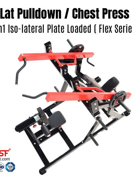 A top-down view of the machine, showing the independent movement of the arms for both chest press and pulldown exercises.