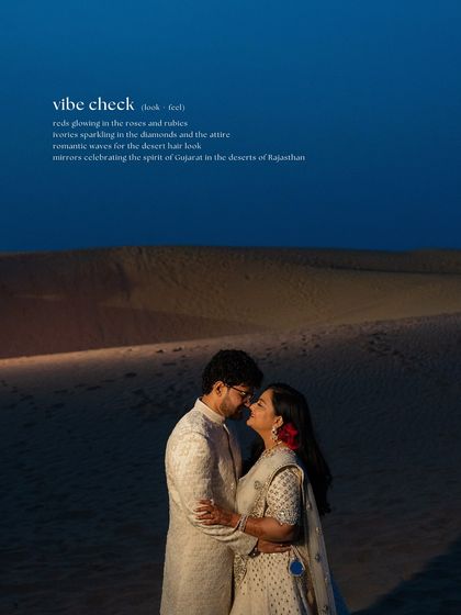 A vibe check for the desert sangeet: a tribe glowing in ivory, romantic waves, and a touch of Gujarati mirror work in the Rajasthani desert.