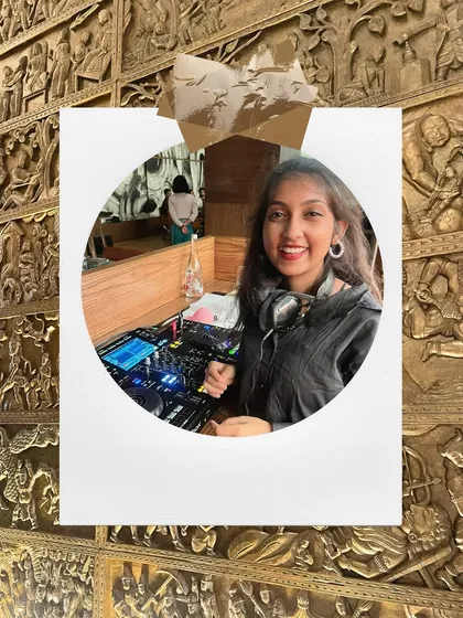 A polaroid-style photo of me smiling at the decks, placed against an artistic, textured background.