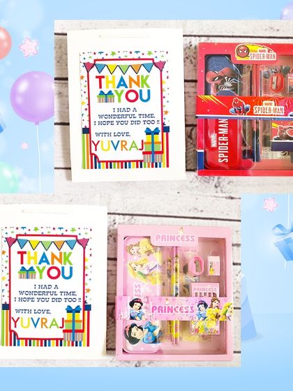 These stationery sets were paired with custom paper bags for Yuvraj's birthday party. The image shows the Spider-Man and Princess sets.