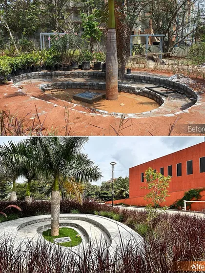 The transformation of a simple circular pit into a multi-level amphitheater-style seating area around a central tree. This showcases our ability to create diverse, interactive experiences within a corporate landscape, turning simple features into community hubs.