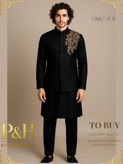 A classic black kurta set paired with a Nehru jacket. The jacket is adorned with a single, striking golden embroidered motif on the shoulder for a touch of understated luxury.