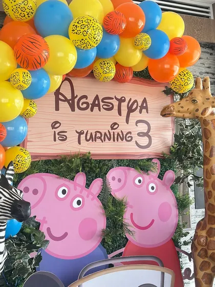 We love creating mashup themes for kids' parties. This 3rd birthday celebration brought together Peppa Pig, Mickey Mouse, and jungle animals for a fun-filled character party.