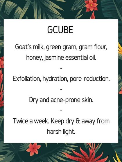 Here are the details for my "GCUBE" soap. It’s made with goat's milk, green gram, and honey for exfoliation and hydration, perfect for dry and acne-prone skin.