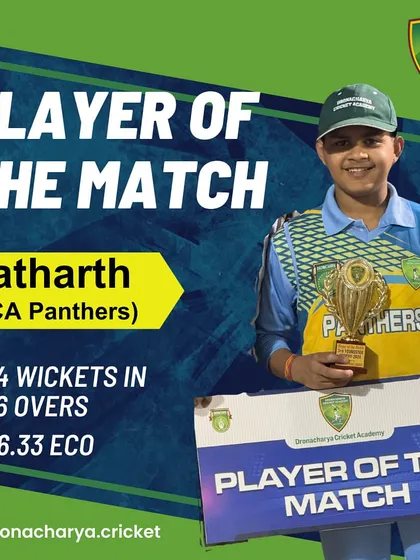 Yatharth of DCA Panthers receives his Player of the Match award for a brilliant bowling performance of 4 wickets in 6 overs.