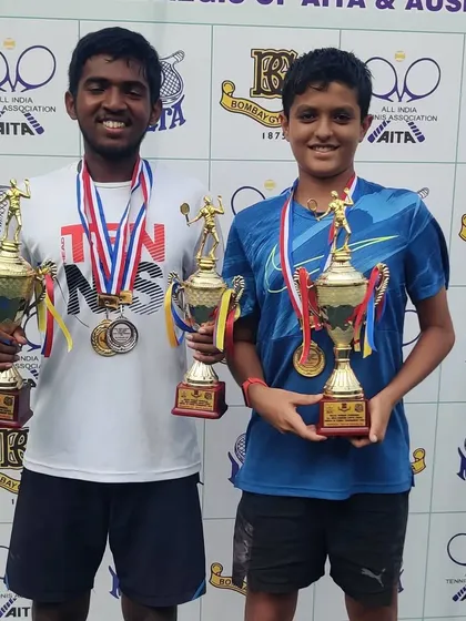 Pradyumna Tomar and Om Verma, our two trainees, after winning the doubles final at the Bombay Gymkhana Super Series. It's great to see our players succeed together.
