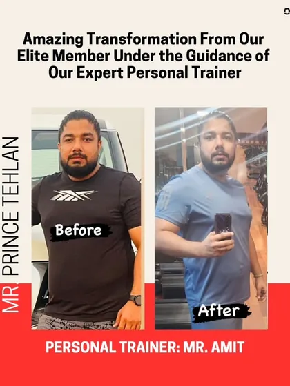 Another success story with trainer Mr. Amit. Mr. Prince Tehlan's before and after photos show a clear reduction in body fat and improved posture and confidence.