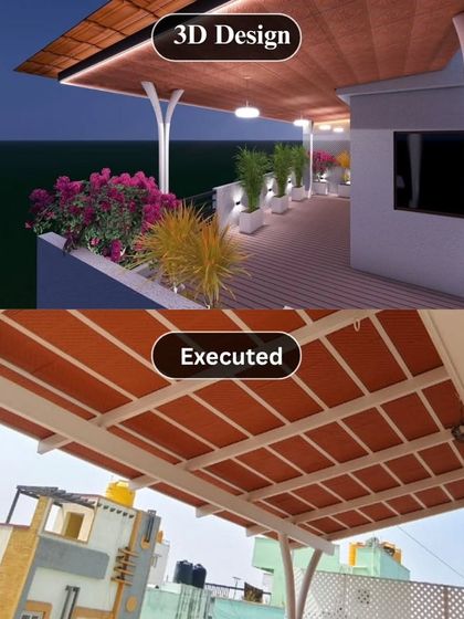 The view from below, comparing the 3D render of a Mangalore tile pergola with the final executed structure. Notice how the support pillars and tile layout match the design, ensuring a sturdy and beautiful finish.