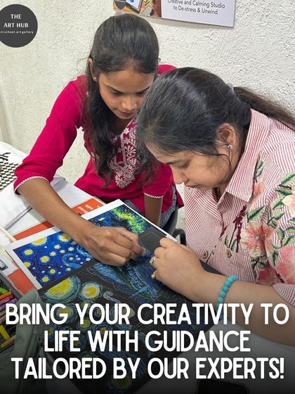 Two students collaborate on a beautiful pastel drawing inspired by Van Gogh's "Starry Night," showcasing the supportive learning environment I foster.