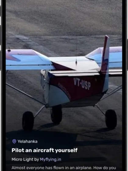 a look at a dark mode ui for a discovery feed. my focus here was on creating a visually rich experience that's easy on the eyes, using typography and imagery to make content like this 'pilot an aircraft' offering stand out.