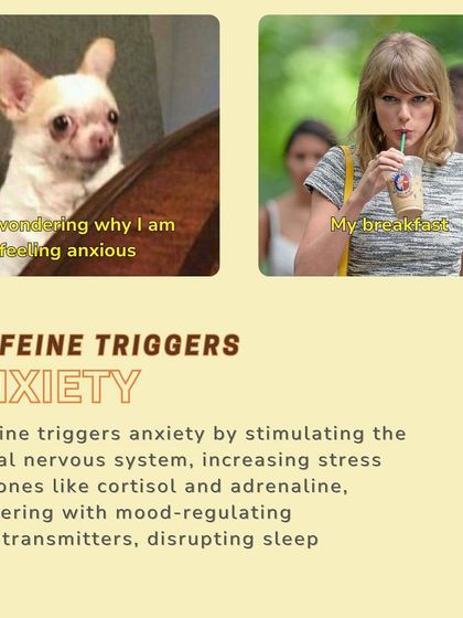 Another anxiety trigger: caffeine. This graphic explains how it stimulates the central nervous system and increases stress hormones like cortisol.
