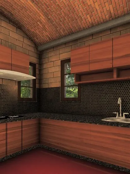 This kitchen render for the CSEB house features a vaulted brick ceiling and wooden cabinetry. The design proves that modern functionality and natural, rustic aesthetics can coexist beautifully in the most practical spaces of a home.