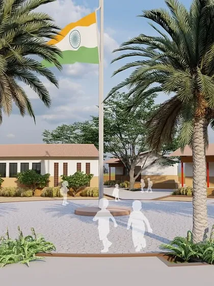 A closer view of the school's entrance, where thoughtful landscaping and clean architectural lines create a welcoming first impression. We design every detail to contribute to a cohesive and uplifting environment.