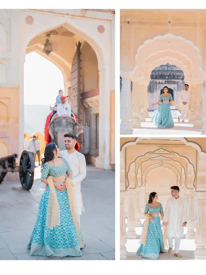 A collage showing Praveen and Chaithra's shoot at Amer Fort, featuring a pose with an elephant and shots within the iconic arched hallways.