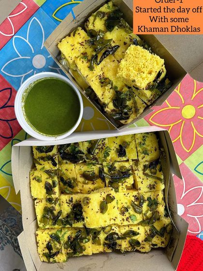 Starting the day with some fresh, fluffy Khaman Dhoklas. These savory steamed cakes are a light and healthy snack, served with a side of spicy green chutney.