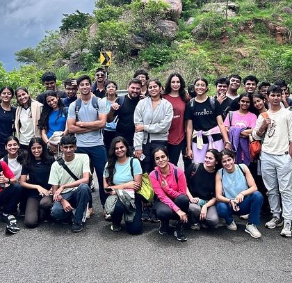 Our group on the road, ready to start the Uttari Betta trek. The adventure begins the moment you board our bus.