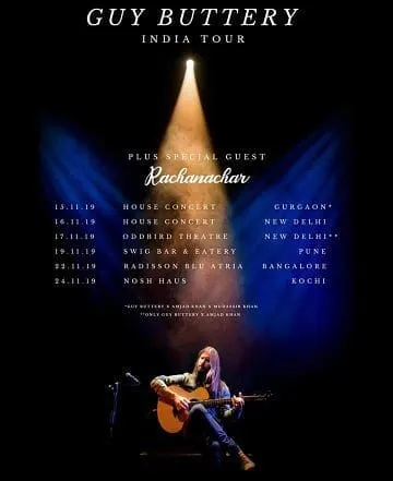 The main poster for the Guy Buttery India Tour, presented by The Pinecone Records. It lists the tour dates and venues, including my collaborative performances in Gurgaon and New Delhi.