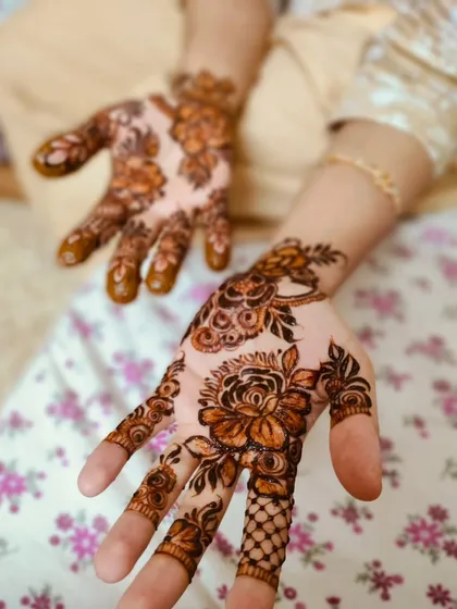 A creative angle of the floral henna, showing the beautiful details.
