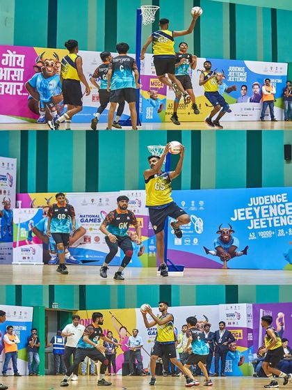 At 6'7", Aakash Gaikwad is a dominant force on the court. This series of images shows his height advantage in action, capturing his ability to shoot and defend above the competition.