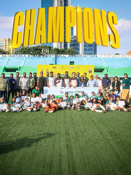 Champions are made here. This is our U13 girls' team, celebrating their historic first title, a proud moment that showcases our commitment to developing youth talent and women's football in India.
