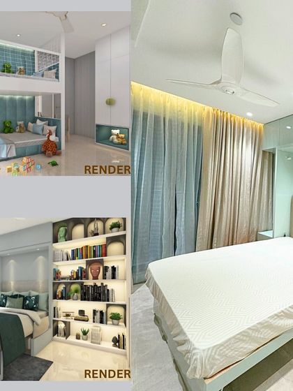 Another render comparison from the Swami residence, showing the kids' bunk bed room and a guest bedroom. We focus on creating photorealistic visualizations so there are no surprises during the final reveal.