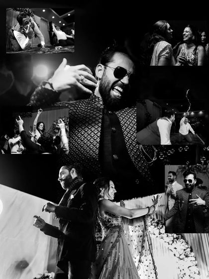 A dynamic black and white collage capturing the groom's energy on the dance floor and the overall party vibe.