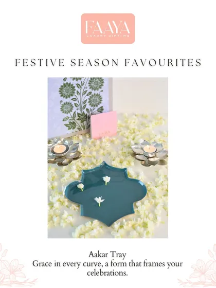 Grace in every curve. This graphic highlights our Aakar Tray from the 'Festive Season Favourites', describing it as a form that frames your celebrations with elegance.