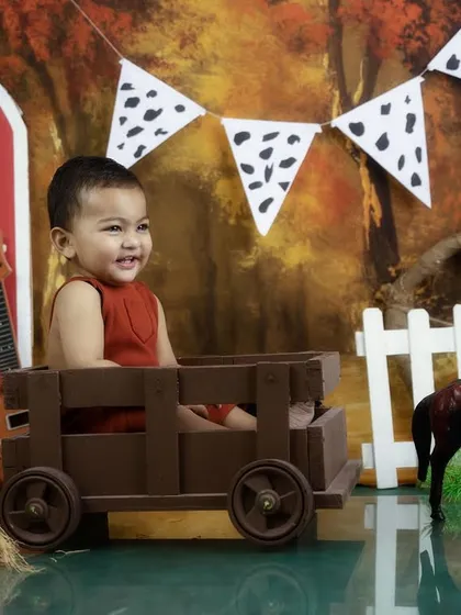 Giddy up. This little cowboy is having a blast in his wooden wagon on the studio farm.