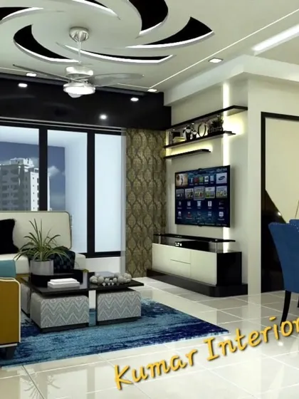 Another angle of the living room, showing the relationship between the seating area, the TV unit, and the dining space. The design ensures a smooth flow while defining each functional zone.