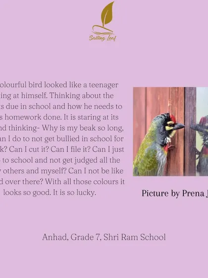 This is a perfect example of how creativity works. Anhad, a 12 year old in my 'Unearth' program, was inspired by this photo of a bird looking at its reflection. He wrote this deeply empathetic piece, imagining the bird as a teenager struggling with insecurity and the pressure to fit in.