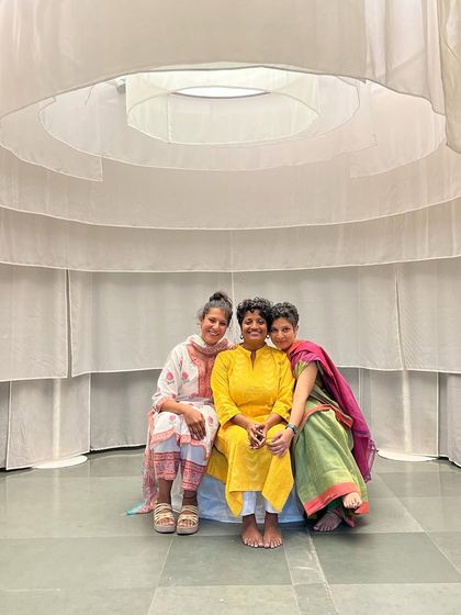 Our artist collective inside the beautiful listening installation for 'Across Deep Time'. This highlights the final presentation of our work in a gallery setting.