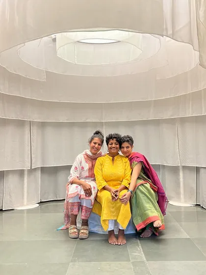 Our artist collective inside the beautiful listening installation for 'Across Deep Time'. This highlights the final presentation of our work in a gallery setting.