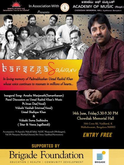 A reminder to join us for the 'Barsega Sawan' concert at Chowdaiah Memorial Hall. We will be performing at 7:30 pm.