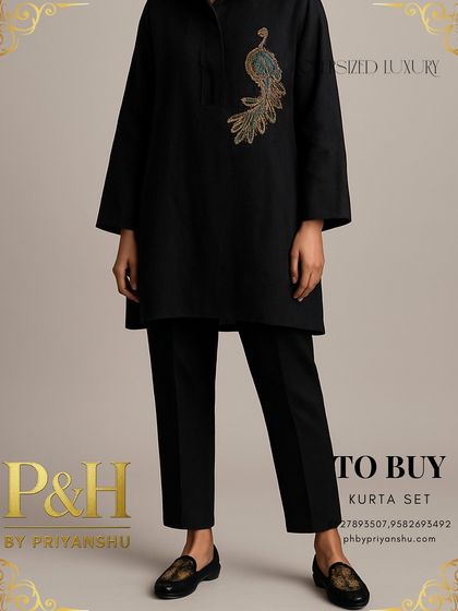 A full-length shot of the black linen kurta set, showing its clean lines and modern, relaxed fit, perfect for understated elegance.