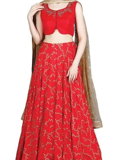 A vibrant red lehenga by Mandira Wirk with a patterned skirt and an embellished sleeveless blouse. This is a classic choice for festive occasions or traditional wedding ceremonies, offering a bold and beautiful look.