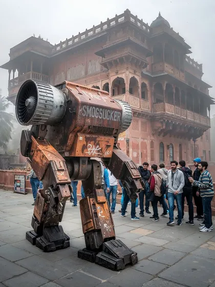 A 'Smogsucker' stands in front of a historic haveli, as tourists look on. This image creates a powerful contrast between ancient heritage and a dystopian future.