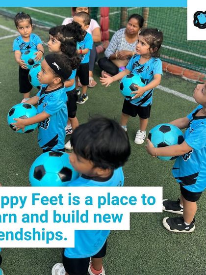 Happy Feet is a place to learn and build new friendships. Here, a group of our youngest players hold their footballs, learning to share space and interact with their peers in a positive way.