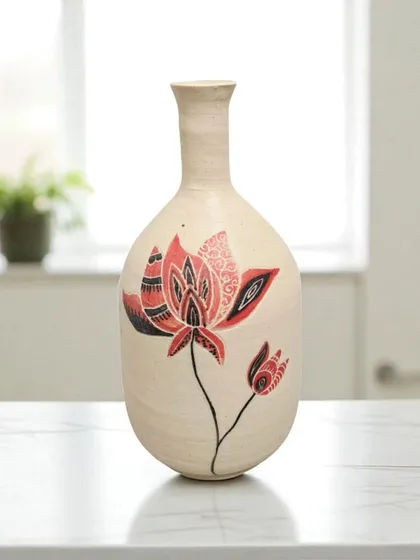 I shape and paint each ceramic vase by hand, making every piece one-of-a-kind. This vase, with its intricate red and black lotus design, brings a timeless warmth and artistry to any space, whether holding fresh flowers or standing alone.