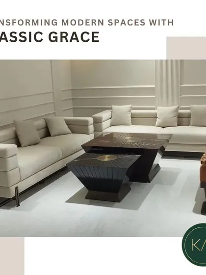 This living room set combines a sleek, multi-level sofa with a geometric coffee table inlaid with brass. The design is a perfect example of classic grace meeting modern sensibilities, creating a sophisticated and functional space.
