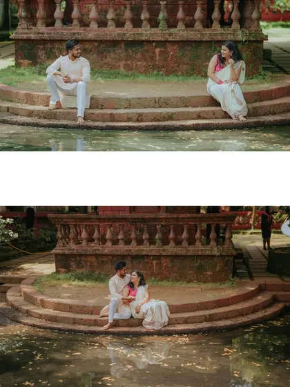A story in two parts by the temple pond. From a thoughtful distance to a close, loving embrace, this collage shows the journey of coming together.