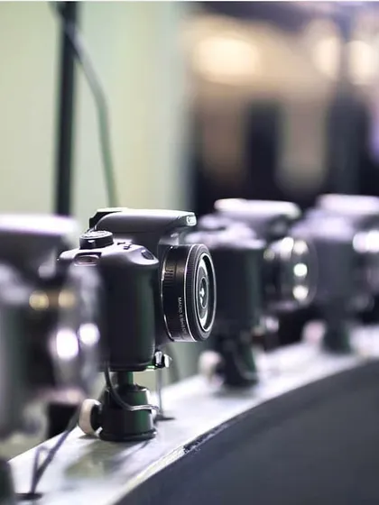 This is a close-up of the multi-camera rig for our Bullet Time photo booth. This technology freezes a moment in time, capturing a dramatic, Matrix-style shot that adds a high-production-value feel to any brand activation or party.