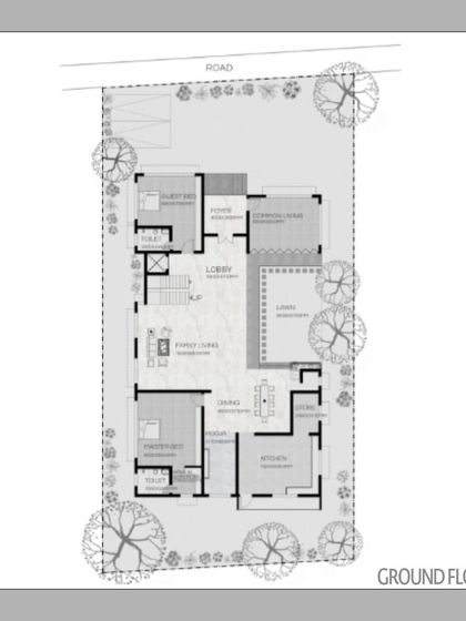 This ground floor plan for the ALTURA residence illustrates a spacious layout with distinct zones for family living, dining, and a guest suite. The design emphasizes flow and connectivity between spaces.