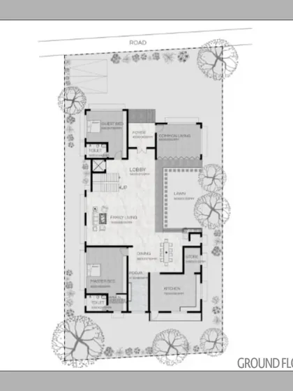 The ground floor plan for an ALTURA residence. The layout shows a clear division between the family living spaces and the more formal living and dining areas, with a strong connection to the outdoor landscape.