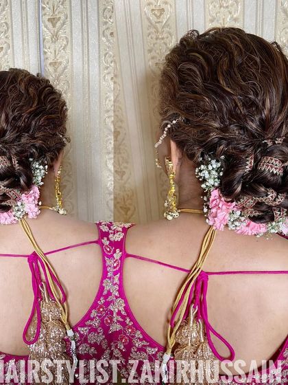 A collage showing a detailed bridal bun with golden accents and fresh flowers from two different angles.