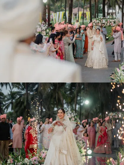 A collage showing the bride's walk down the aisle, the groom's anticipation, and the explosive joy of the varmala with sparklers.