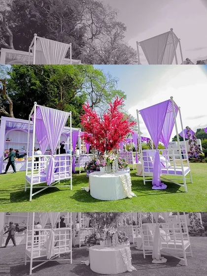 More details from the lavender-themed Haldi, highlighting the chic cabana seating for guests and a striking pop of color from a red floral centerpiece, creating a vibrant contrast.